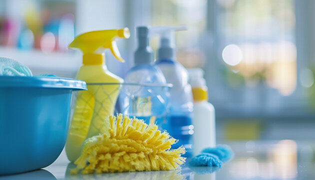 Concept m&eacute;nage, propret&eacute; et hygi&egrave;ne de la maison avec des produits d'entretien