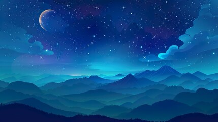 Fototapeta premium Starry night sky, mountains landscape, magic fields. Dark moon, backdrop with star galaxy, sparkle universe.