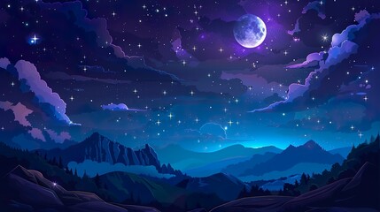 Starry night sky, mountains landscape, magic fields. Dark moon, backdrop with star galaxy, sparkle universe.