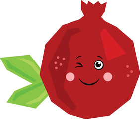 Comic abstract fresh pomegranate with green leaves