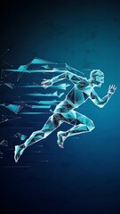 Fototapeta premium Abstract running man form lines and triangles, point connecting network on blue background. Illustration vector