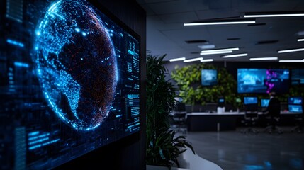 A glowing digital globe displayed on a large screen in a high-tech office.