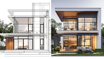 Projet de construction avant et après d'une maison avec esquisse et plan de l'architecte