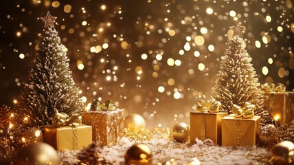 Two decorated Christmas trees with gifts, glowing lights, and snow falling against a dark background.
