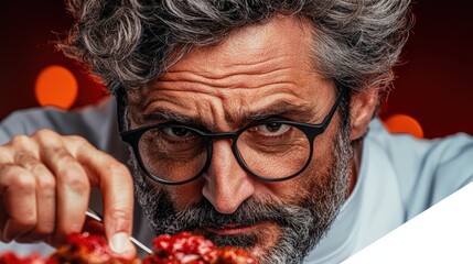 A chef carefully garnishes a vibrant dish in a dimly lit kitchen, showcasing culinary artistry