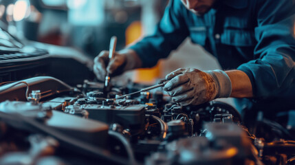 mechanic carefully examines misfiring multi cylinder engine, showcasing precision and expertise in automotive repair. focus on intricate details highlights importance of skilled maintenance
