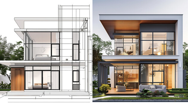 Projet de construction avant et apr&egrave;s d'une maison avec esquisse et plan de l'architecte