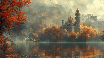 Obraz premium Golden Autumn Castle by the Lake: A Dreamy Landscape