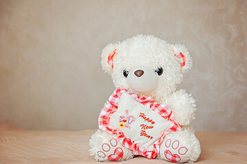 Two smiling white and brown teddy bears sitting on carpet at sofa and pillows at nursery room. Togetherness and friendship concept. Kids best friends. Closeup.