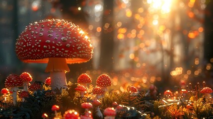 Enchanted Forest: Red Mushrooms in Golden Sunlight