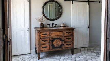 A picturesque bathroom with an antique wooden vanity