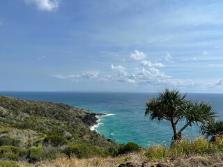 Obraz premium the Rainbow Beach covered by greens with blue water and blue clear sky on a sunny day in Australia