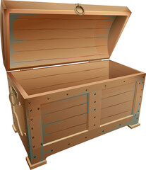 Empty gold chest wooden box with lid in retro style. Vector illustration isolated on white