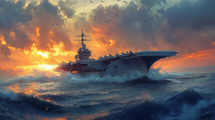 Obraz premium majestic aircraft carrier navigates through turbulent ocean waters under dramatic sunset sky, evoking sense of power and adventure