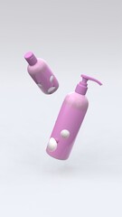 Elegant cosmetic bottles flying in the air on white background. Modern cover design. 3d illustration.