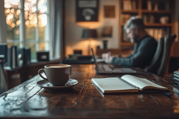 A person sitting at a desk with a cup of coffee and a notebook, ready to start the day. Concept of productivity.