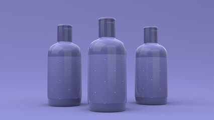 Elegant cosmetic bottles with label closeup on purple background. Modern cover design. 3d illustration.