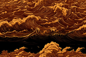 The image is of a stormy ocean with waves crashing against the shore. The sky is dark and ominous, with clouds looming overhead. Scene is one of danger and foreboding