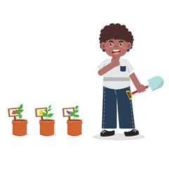 Kids Gardening Holding Shovel Illustrations Bright Flat Design, Great for Posters or Activity Sheets