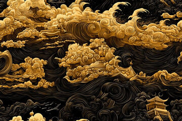 A painting of a cloudy sky with gold clouds. The sky is dark and the clouds are large and fluffy. The painting has a dreamy and peaceful mood
