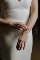 Woman in white dress adjusting bracelet