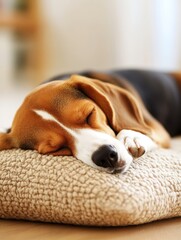 Obraz premium A peaceful beagle sleeps soundly on a cozy cushion in a bright, comfortable home during the afternoon