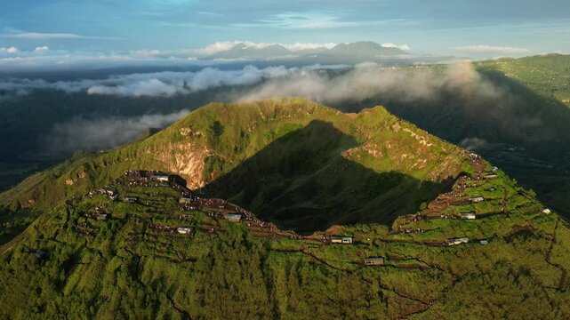 Aerial footage of the Mount Batur on a sunny day on the island of Bali, Indonesia