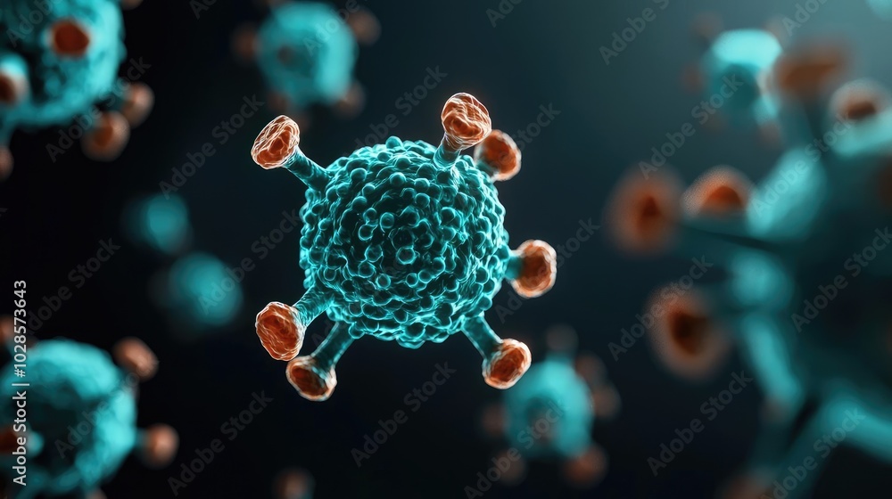 Poster 3d rendering of a virus with a focus on its intricate structure and design.