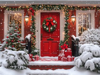 Red wooden door house decorated for christmas 