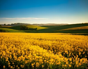Endless field of bright yellow flowers under clear blue sky with rolling hills in the background
