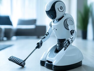 White humanoid robot using a broom cleaning a living room