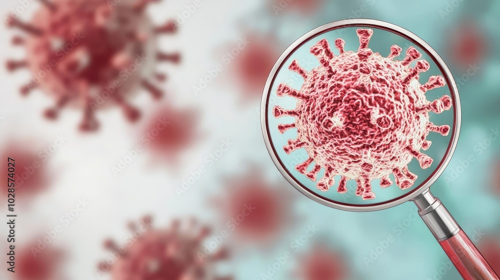 Poster magnified view of a virus under a microscope with abstract background.