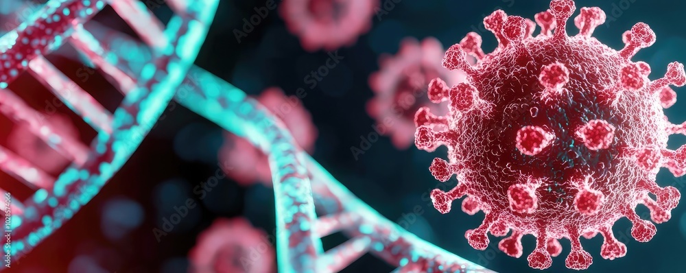 Poster close-up of dna structure and virus model on a dark background.