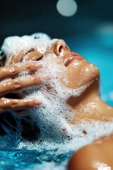 Fototapeta premium Woman enjoying a relaxing bubble bath in a serene indoor pool setting at dusk