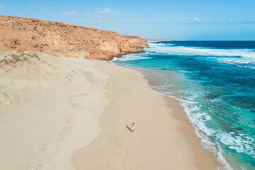 Aerial view of a person walking along a pristine beach.