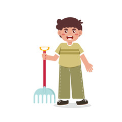 Kids Gardening Holding Rake Illustrations Bright Flat Design, Great for Posters or Activity Sheets