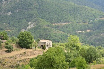 Rural house nestled in lush green hills.