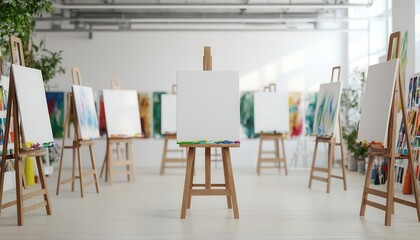 Art room filled with easels, paint, and brushes, 3D illustration