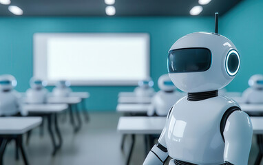 Futuristic virtual classroom where students  avatars interact with digital whiteboards and holographic lessons, representing remote education