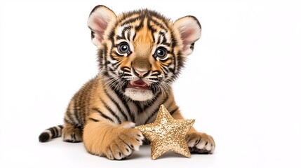 Obraz premium Baby Tiger with Shiny Star Exhibiting Joyful Expression