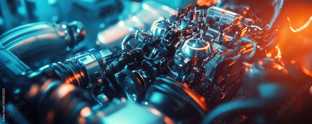 Poster high resolution image of complex engine with intricate fuel injectors and metallic components, showc