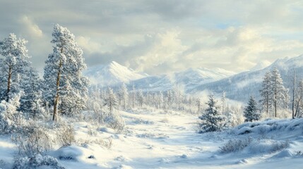Snowy Forest Landscape with Mountain Range in the Distance