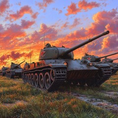 Fototapeta premium battle tanks moving through meadows under a cloudy sky