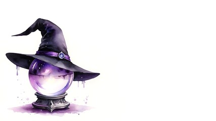 Enchanted Crystal Ball: A captivating watercolor painting of a witch's hat with a magical crystal ball. Halloween. Drawing. Art. Illustration. Copy Space. 2