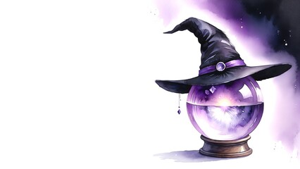 Enchanted Crystal Ball: A captivating watercolor painting of a witch's hat with a magical crystal ball. Halloween. Drawing. Art. Illustration. Copy Space. 1