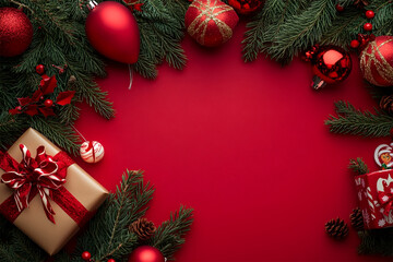frame for Christmas banner on a red background. Christmas branches, decorations, gifts, decorated gifts, candies, canes, gingerbread. There is free space for text in the center
