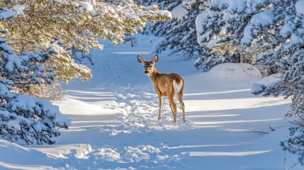 Obraz premium Snowy Path with Deer in Winter Forest Scene