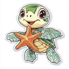 Fototapeta premium Adorable Sea Turtle with Starfish, Perfect for Kids