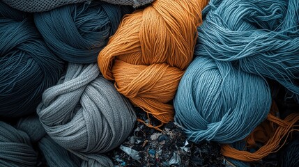 Colorful yarn bundles in shades of orange, gray, and blue, highlighting texture and craft materials.