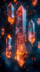 Obraz premium Three glowing crystals hang in a dark, ethereal setting. The crystals glow from within, emanating a soft, warm light.